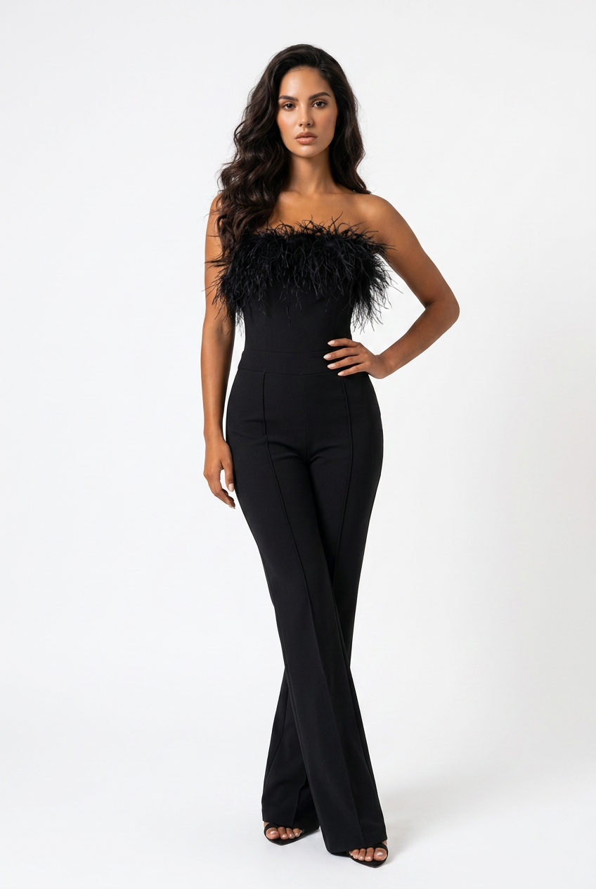 Feather Trim Strapless Wide-Leg Jumpsuit