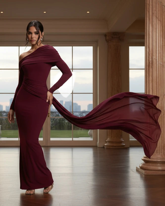 Bordeaux Elegance One-Shoulder Ruched Slit Maxi Dress