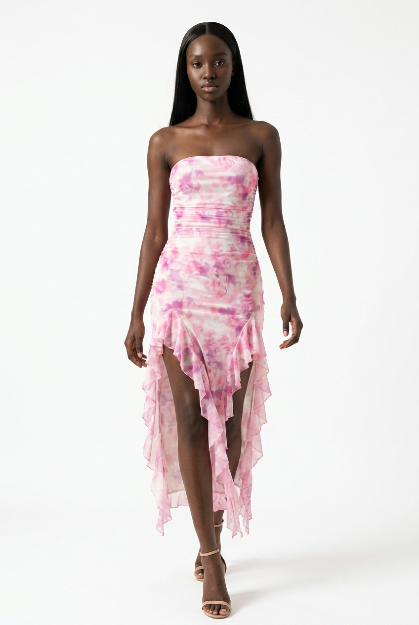 A model walks against a white studio background wearing a strapless pink and white tie-dye dress with a ruffled asymmetrical hem and nude high-heeled sandals.