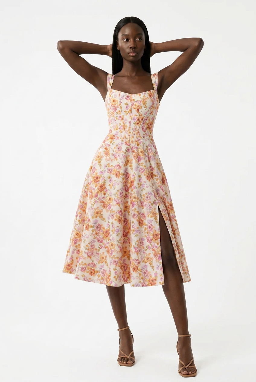 A woman modeling a sleeveless midi dress with a delicate orange and yellow floral print on a cream background, featuring thin straps, a smocked bodice, and a high side slit, set against a plain white studio background.