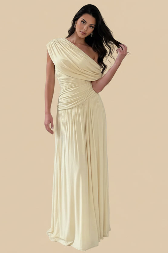 Champagne One-Shoulder Ruched Maxi Dress