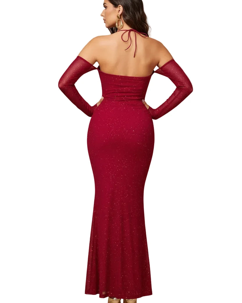 Model wearing a Glitter Sweetheart Neck Long Sleeve Maxi Dress