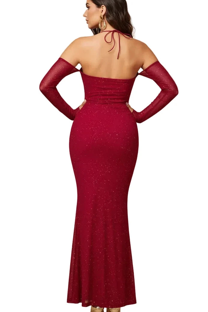 Model wearing a Glitter Sweetheart Neck Long Sleeve Maxi Dress