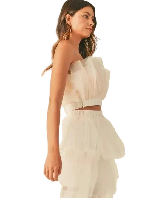 lady model MABLE Tulle Tube Ruffle Crop Top and High Low Maxi Skirt Set side view