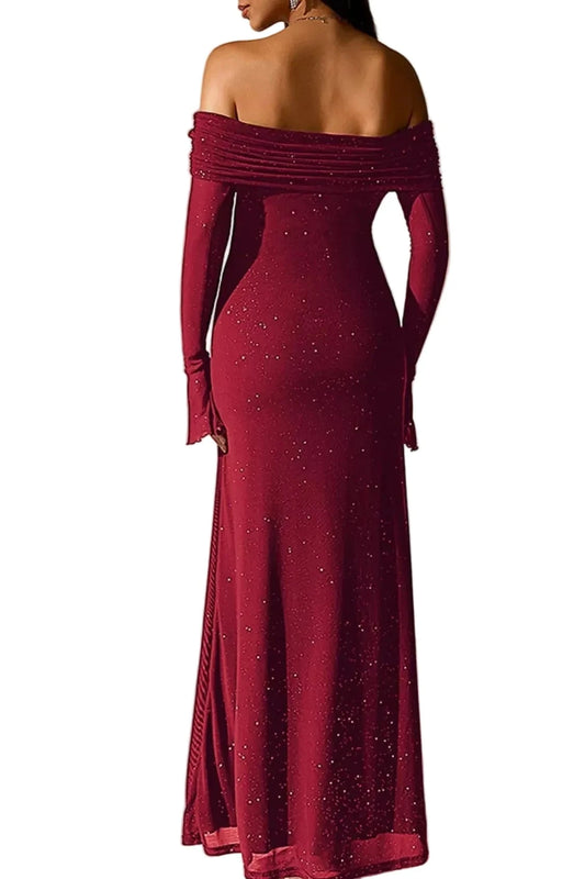 Valentina off-shoulder glitter evening gown- back view