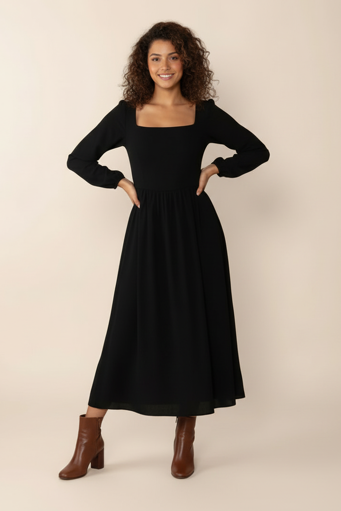 Woman wearing a black dress with a belt on a beige background