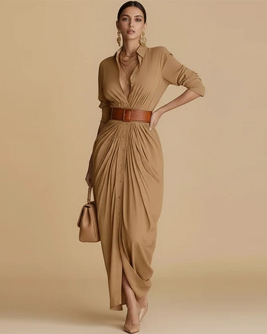 Ruched Button-Front Shirt Maxi Dress