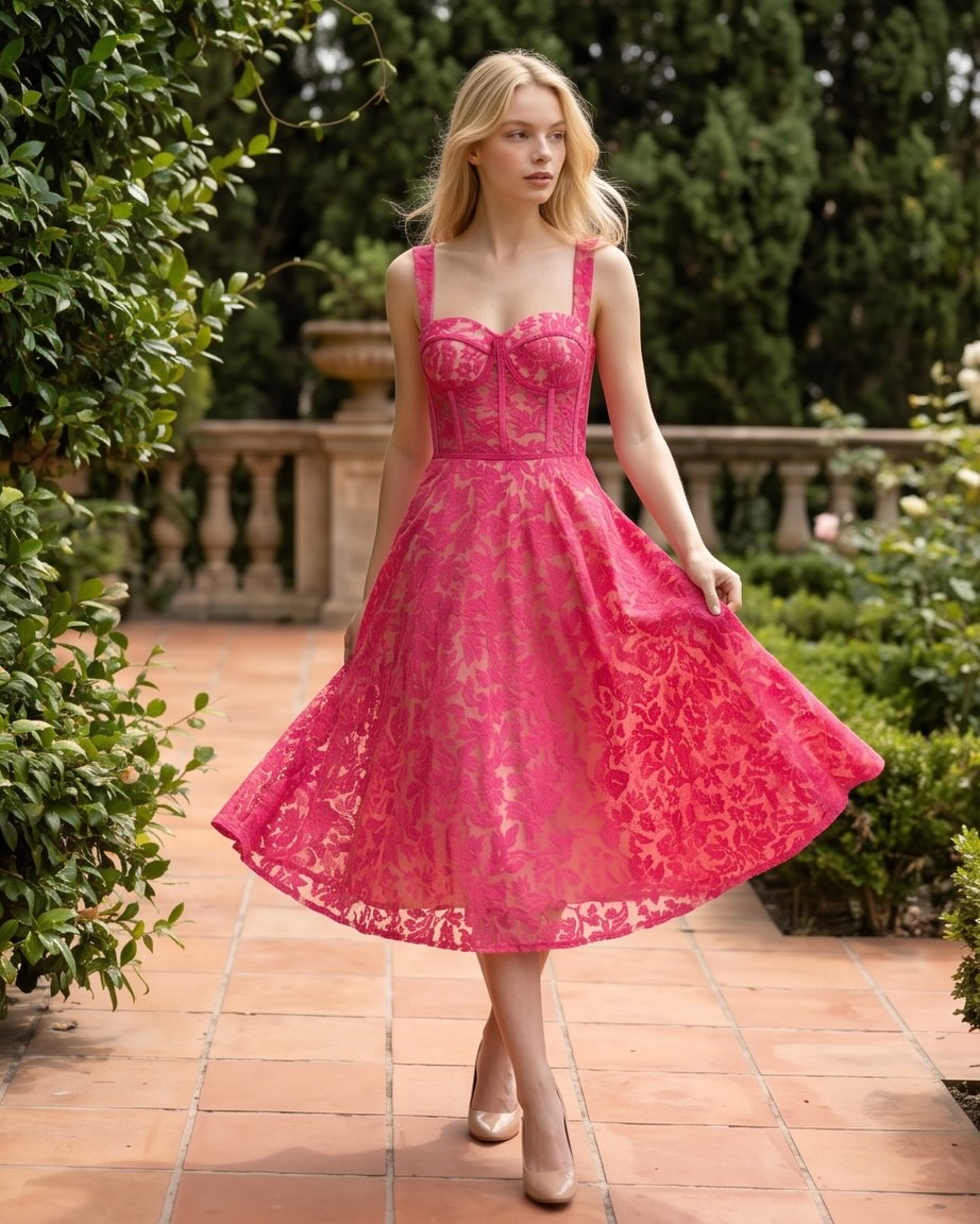 Model wearing pink dress in a garden