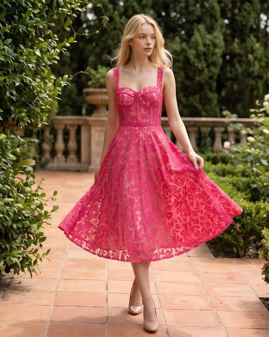 Model wearing pink dress in a garden