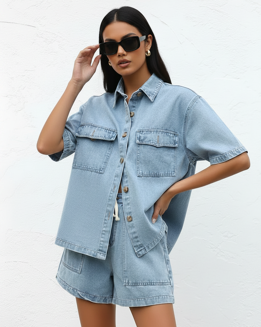 Collared button-up denim shorts set
