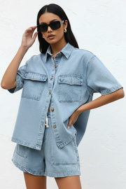 Collared button-up denim shorts set