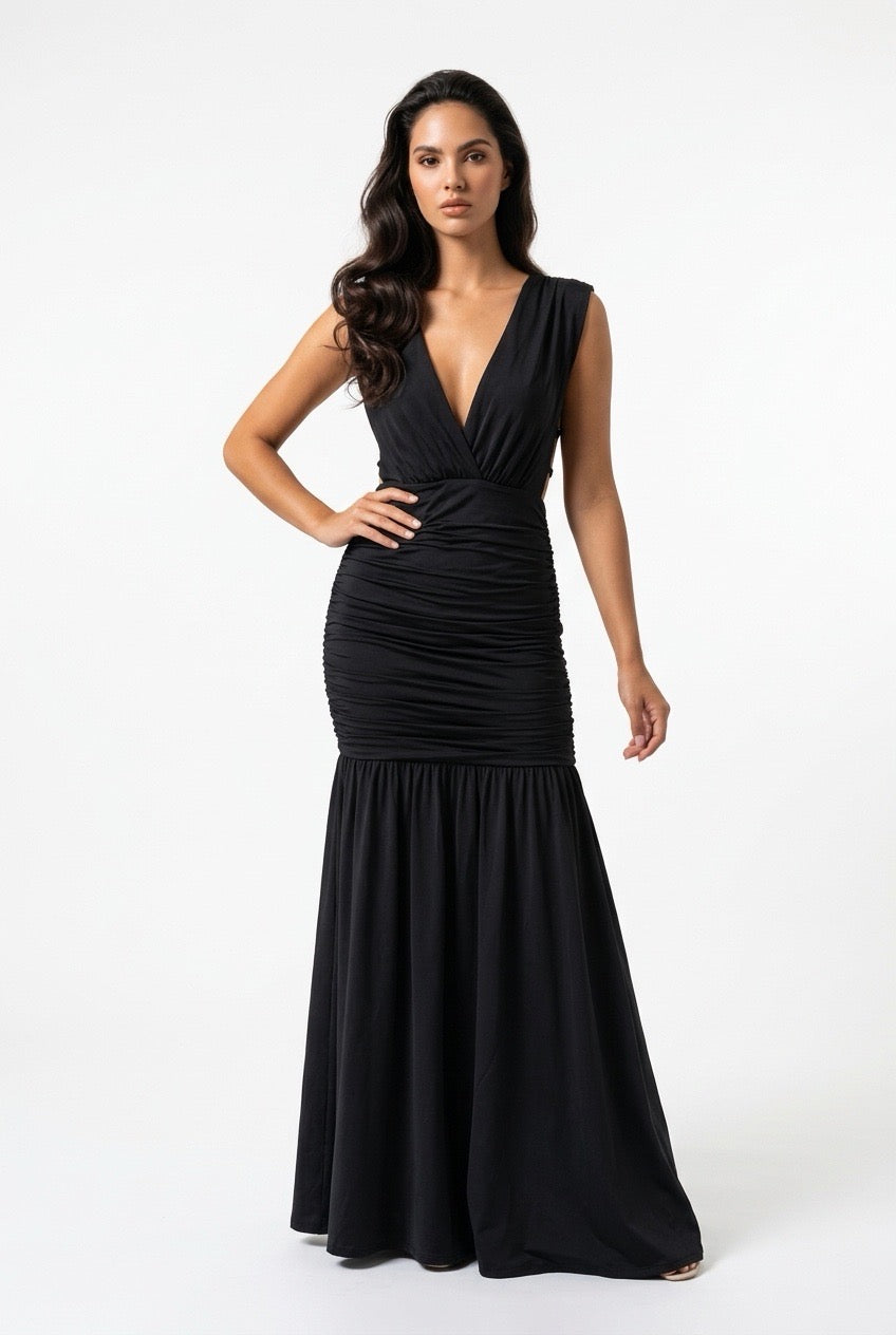 Ruched Plunge Sleeveless Maxi Dress