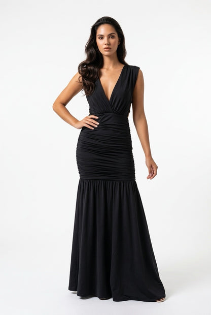 Ruched Plunge Sleeveless Maxi Dress