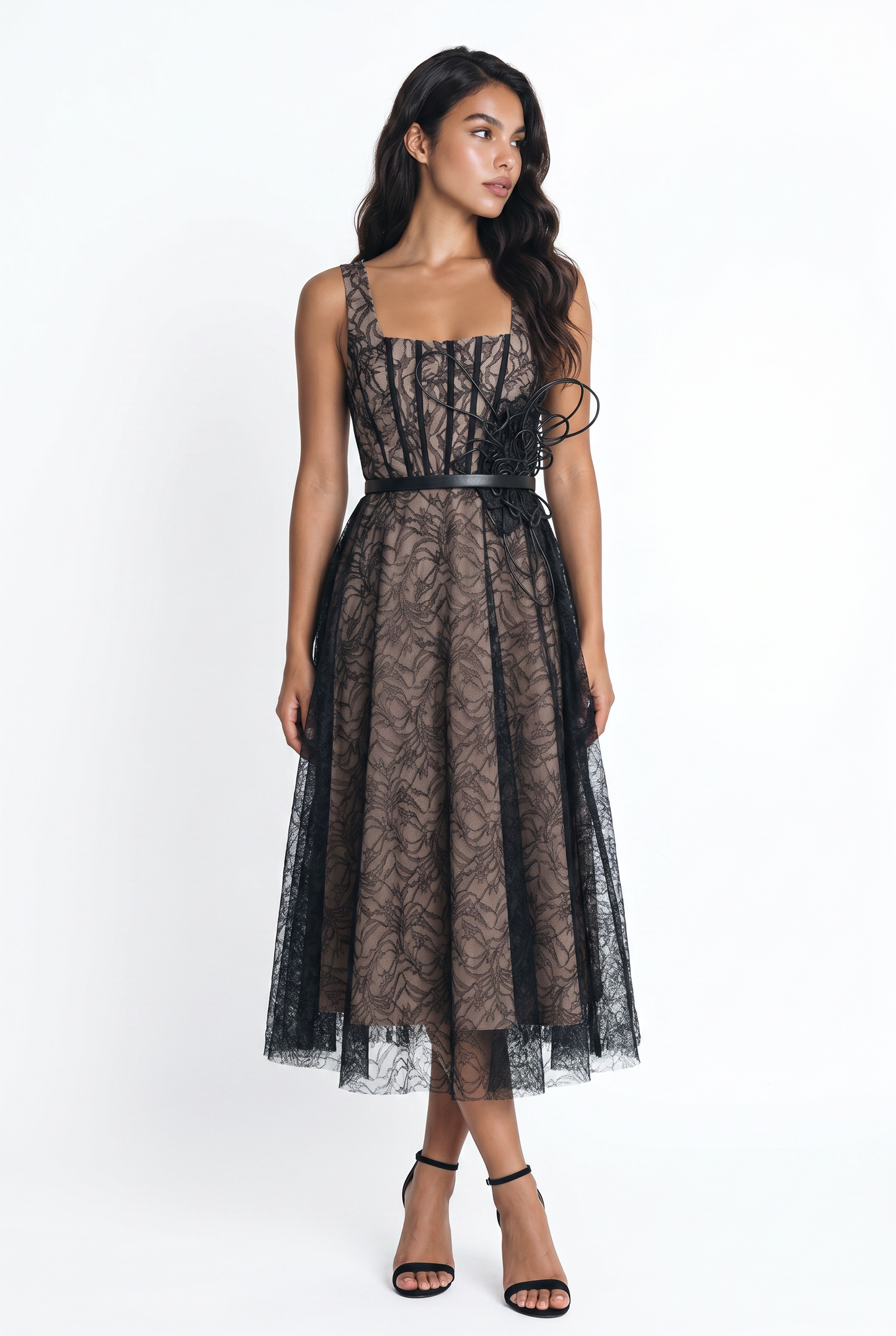 Noir Lace Square Neck Midi Dress