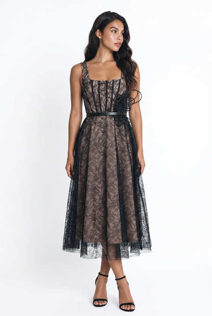 Noir Lace Square Neck Midi Dress