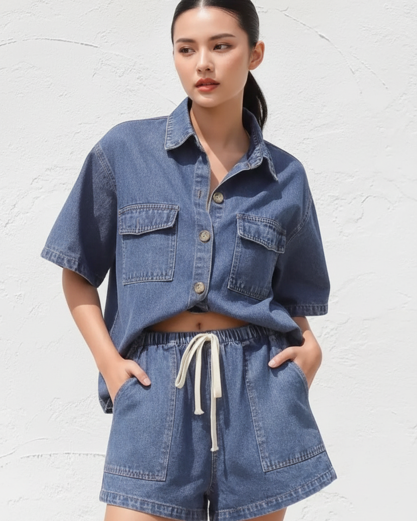 Collared button-up denim shorts set