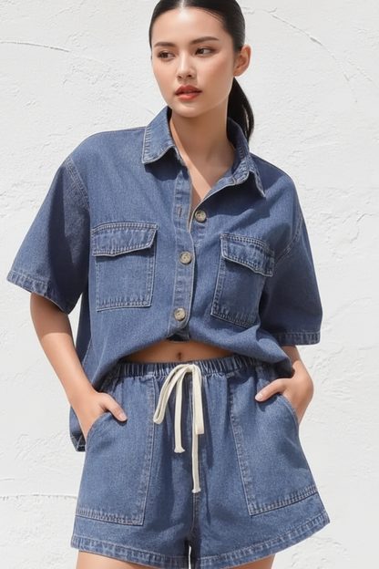 Collared button-up denim shorts set