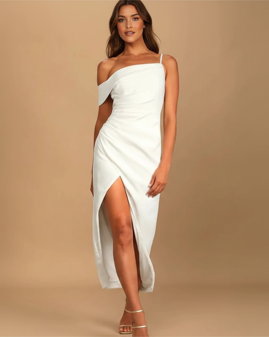 Asymmetrical Off-Shoulder Slit Midi Dress