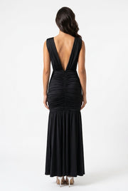 Ruched Plunge Sleeveless Maxi Dress