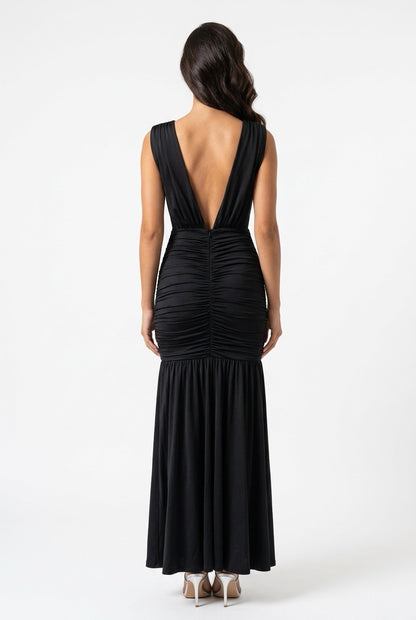 Ruched Plunge Sleeveless Maxi Dress