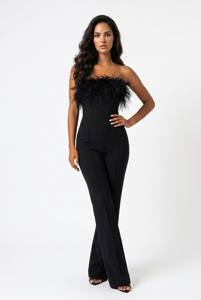 Feather Trim Strapless Wide-Leg Jumpsuit