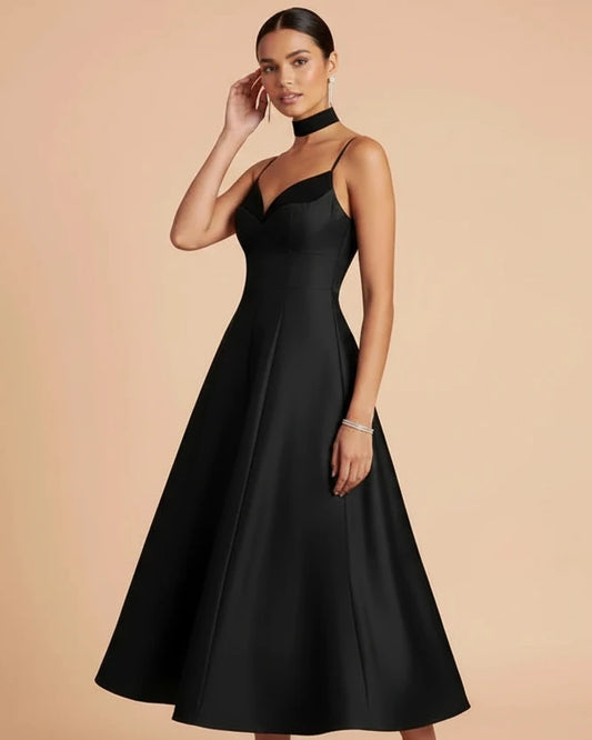 Sweetheart Spaghetti Strap Midi Dress with Collar