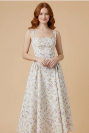 Floral Square-Neck Ruched Midi Dress