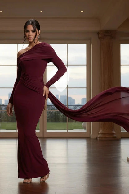 Bordeaux One-Shoulder Ruched Maxi Dress