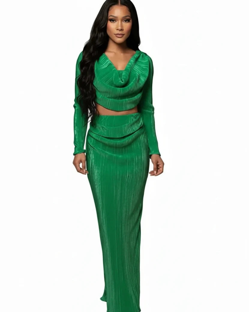 Emerald Ruched Cowl Neck Top and Maxi Skirt Set