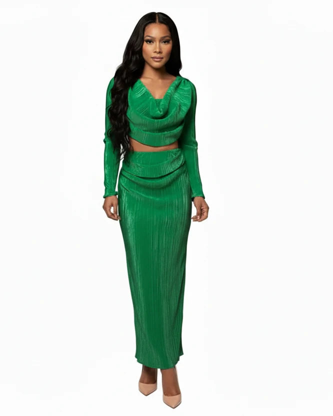 Emerald Ruched Cowl Neck Top and Maxi Skirt Set
