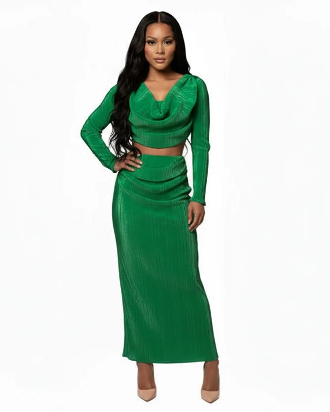 Emerald Ruched Cowl Neck Top and Maxi Skirt Set