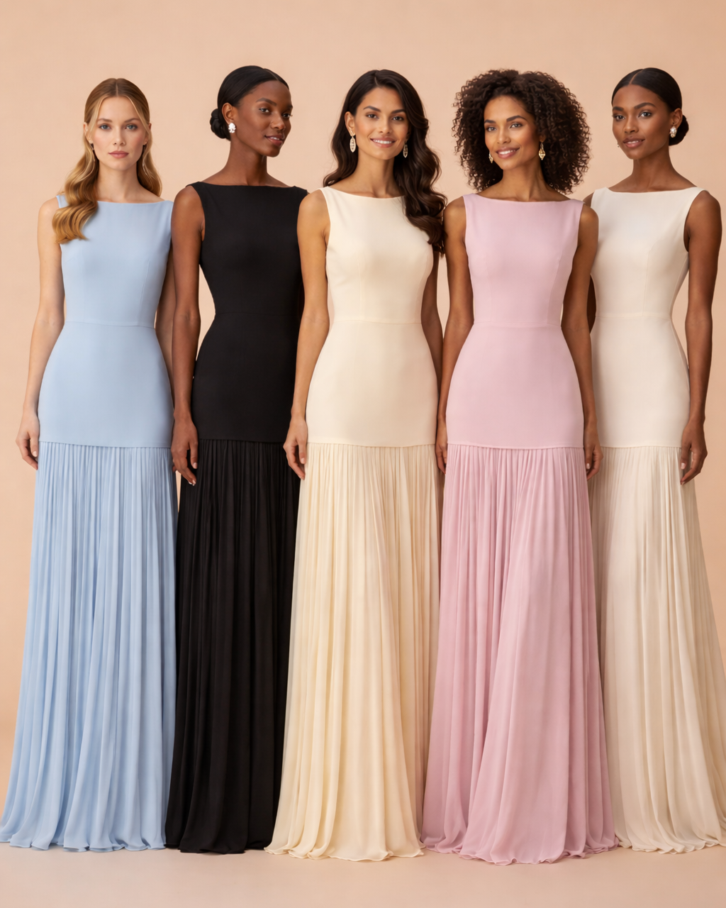 Five women wearing long dresses in blue, black, beige, pink, and white on a beige background.