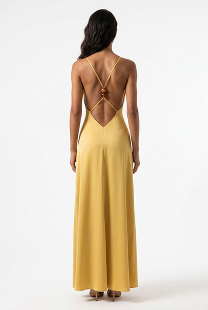 Golden Backless Crisscross Maxi Dress