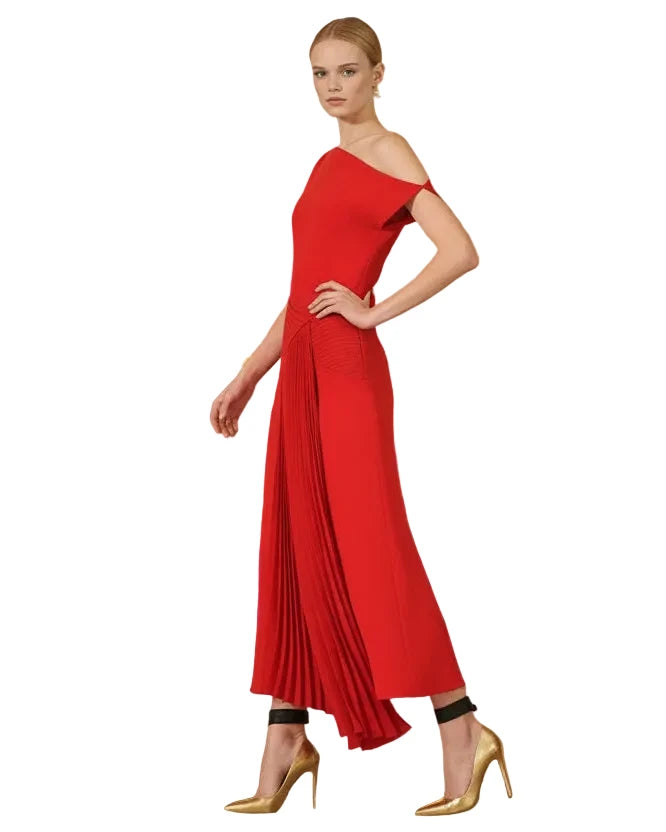 Scarlet Asymmetrical One-Shoulder Pleated Evening Gown