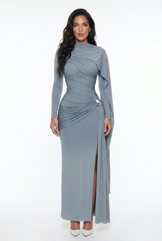 Ruched Draped Long Sleeve Maxi Dress
