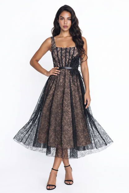 Noir Lace Square Neck Midi Dress