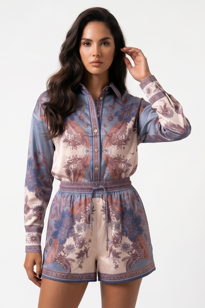 Printed long sleeve shirt and shorts set
