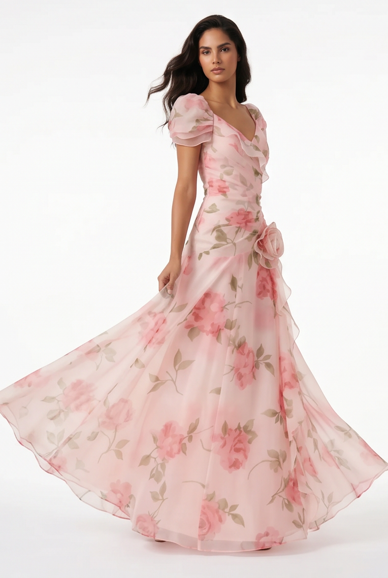 Floral Ruffled Short Sleeve Maxi Dress