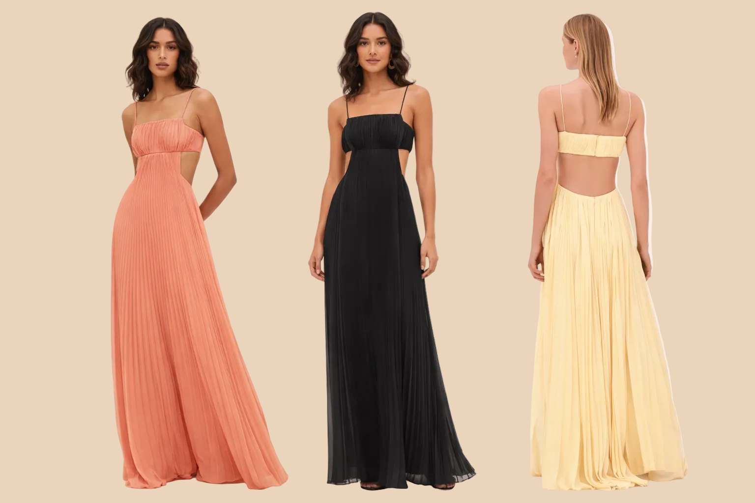 Three women wearing long dresses in peach, black, and yellow on a white background