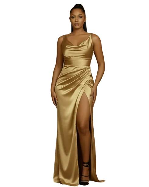 Satin Cowl Neck Ruched High Slit Maxi Dress