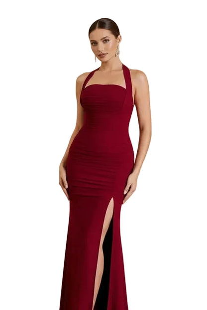 Ruched Halter Side Slit Maxi Dress
