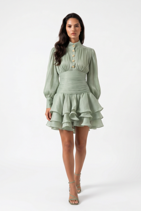 Ruffled Layered Lantern Sleeve Mini Dress