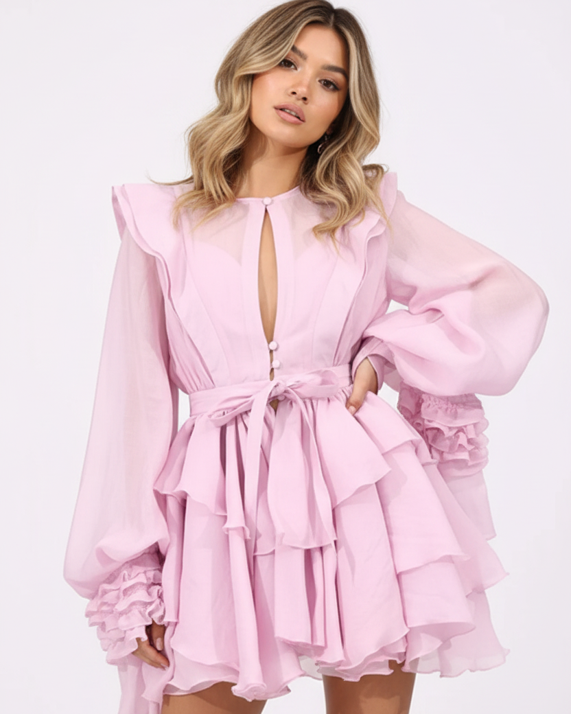 Ruffled layered long sleeve mini dress