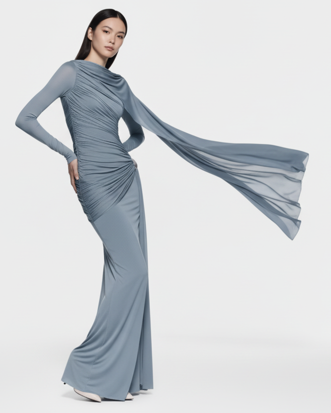 Ruched Draped Long Sleeve Maxi Dress