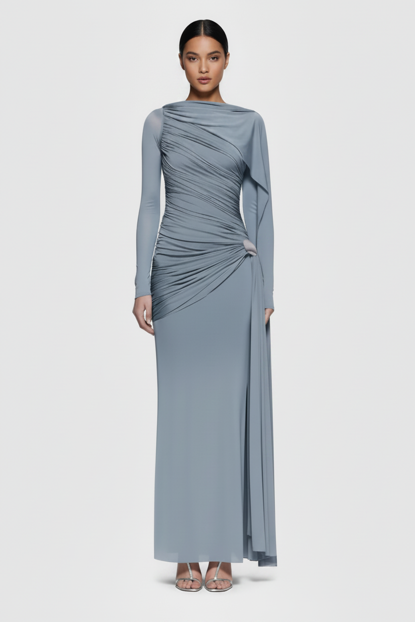 Ruched Draped Long Sleeve Maxi Dress