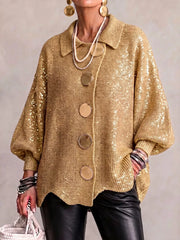 Full Size Collared Wavy Hem Knit Cardigan with Metal Button Plus Size