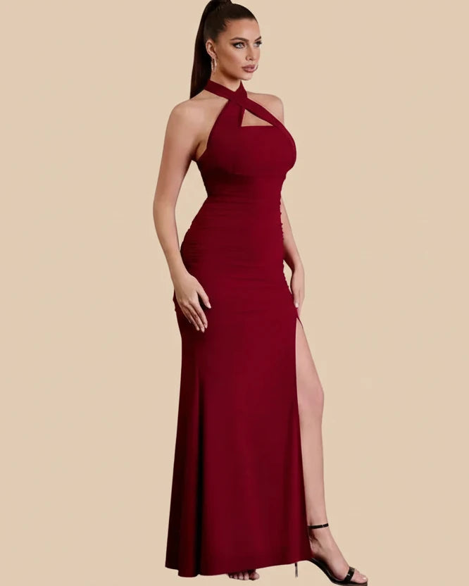 Ruched Halter Neck Side Slit Maxi Dress