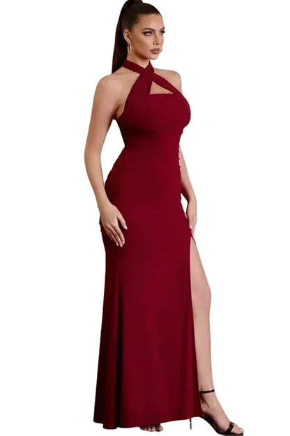 Ruched Halter Side Slit Maxi Dress