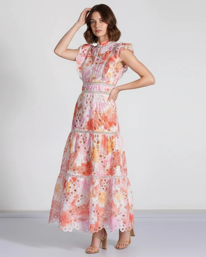 Floral Ruffle Tiered Midi Dress with Cutout Detail