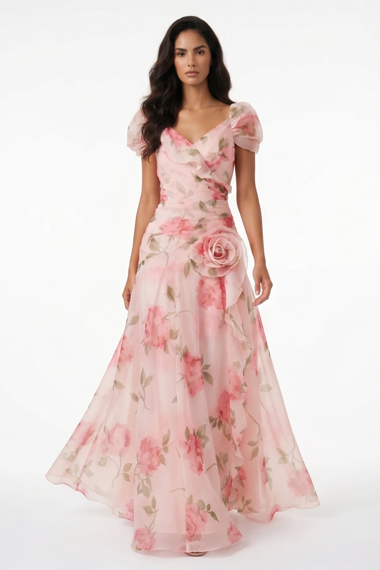 Floral Ruffled Short Sleeve Maxi Dress
